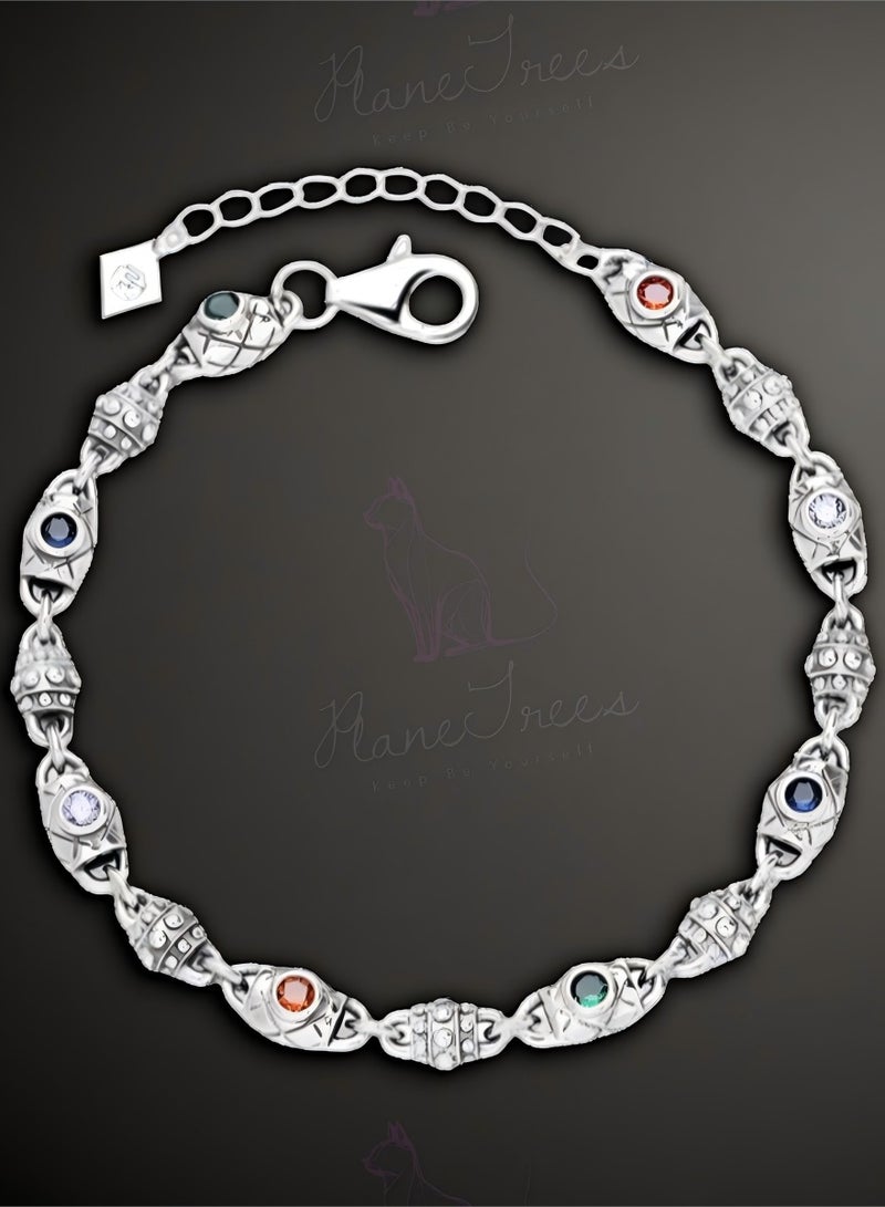 Plane Trees 925 Sterling Silver Vintage Multicolor Stone Bracelet – Adjustable Chain Charm Jewelry - Image 1