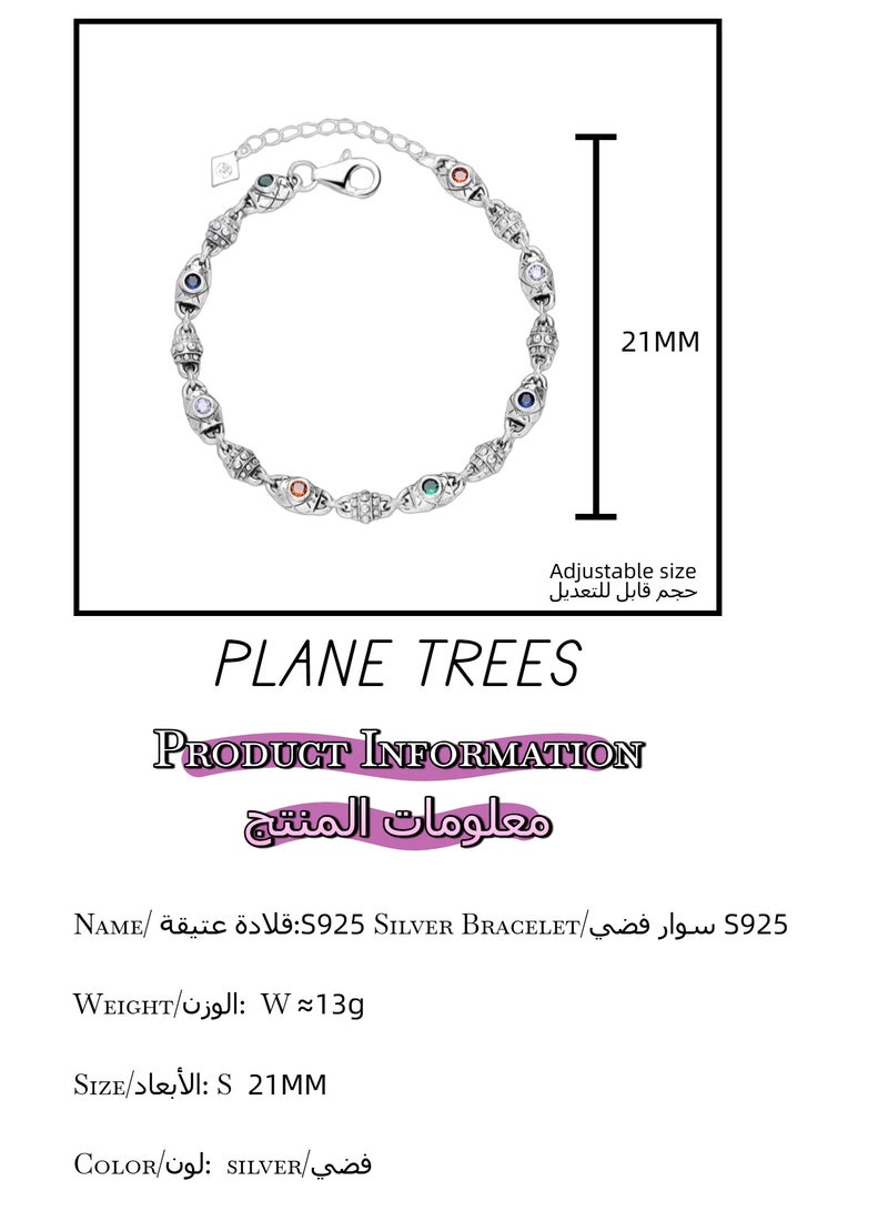 Plane Trees 925 Sterling Silver Vintage Multicolor Stone Bracelet – Adjustable Chain Charm Jewelry - Image 3