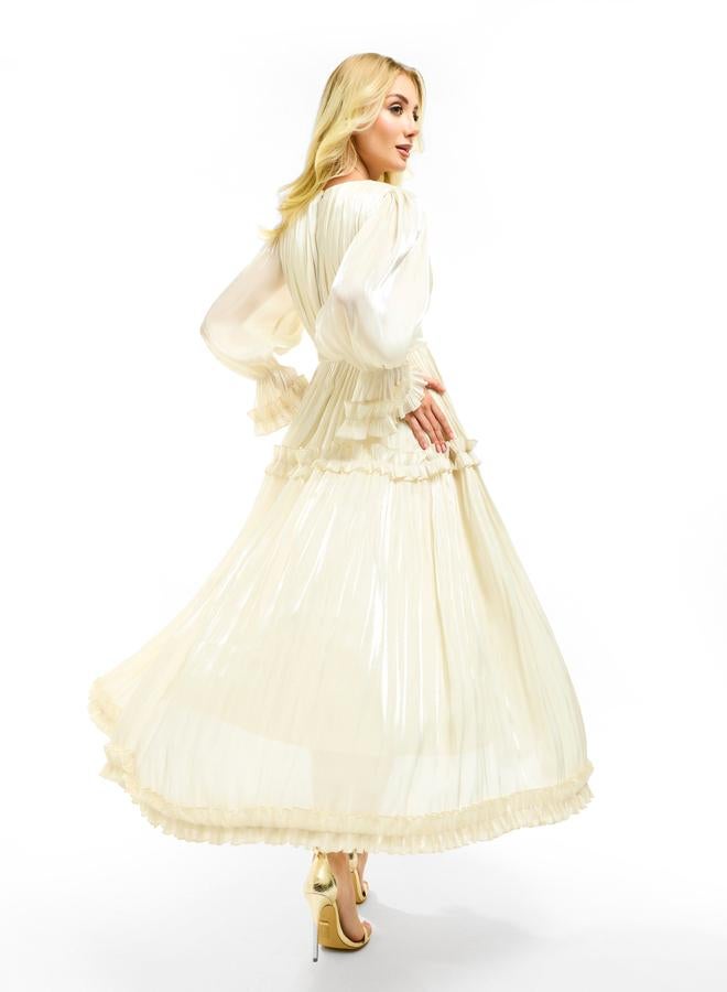 House of Moda Glazed Organza Ruffle Trim Maxi Dress with Tie Belt - Image 1