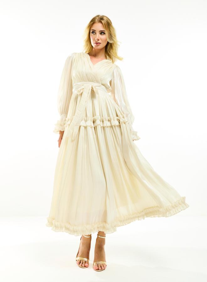 House of Moda Glazed Organza Ruffle Trim Maxi Dress with Tie Belt - Image 4