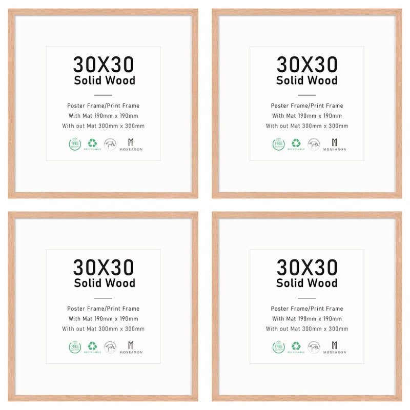 12x12 Certificate Picture FrameOAK Wood Photo Frame with mount for 8x8 printPoster Frame with plexiglass for Wall Mount Display30x30 cmSet of 4