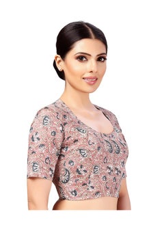 Studio Shringaar Studio Shringaar Women's Polyester Readymade tassar Silk Kalamkari Printed Saree Blouse with Short Sleeves(Peach, 40)  - Image 4