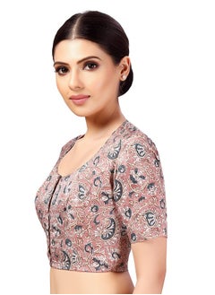 Studio Shringaar Studio Shringaar Women's Polyester Readymade tassar Silk Kalamkari Printed Saree Blouse with Short Sleeves(Peach, 40)  - Image 5