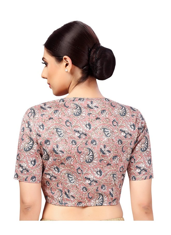 Studio Shringaar - Studio Shringaar Women's Polyester Readymade tassar Silk Kalamkari Printed Saree Blouse with Short Sleeves(Peach, 40) - Image 1