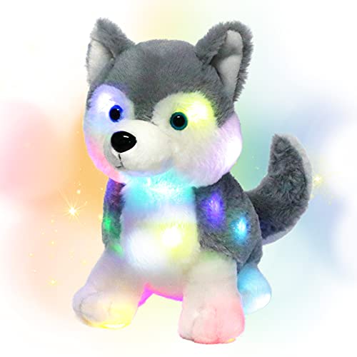 Hopearl LED Plush Husky Lighting Up Stuffed Animal Dog Floppy Puppy Night Lights Glow in The Dark Birthday Festival for Kids Toddlers Boys Girls Gray 12 - Image 1