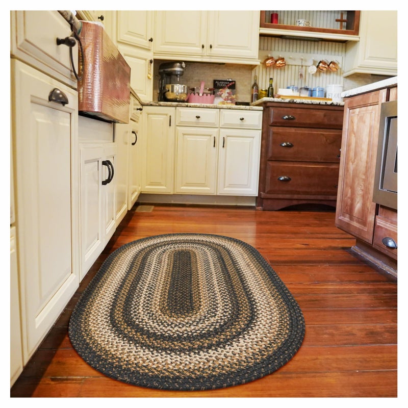 Homespice Kilimanjaro Black Tan Oval Jute Rug 20x30 Braided Kitchen Rugs for Primitive Farmhouse Kitchen Decor Reversible No Shed Jute for Easy Maintenance