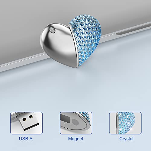 RAOYI 64GB Heart Shape USB 2.0 Flash Drive Crystal Memory Stick Thumb Drive Pen Drive Jump Drive Jewelry Pendant Necklace with Key Chain-Blue - Image 3