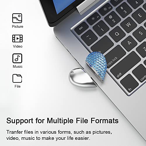 RAOYI 64GB Heart Shape USB 2.0 Flash Drive Crystal Memory Stick Thumb Drive Pen Drive Jump Drive Jewelry Pendant Necklace with Key Chain-Blue - Image 4