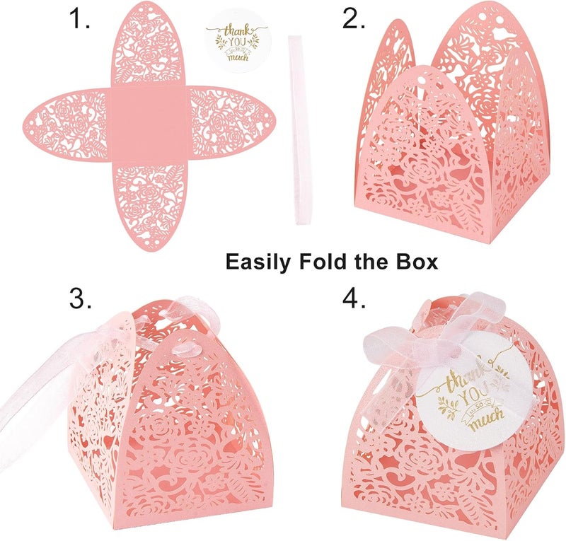 AdasBridal 50Pcs Wedding Favor Boxes Laser Cut, Pink Small Gift Paper Candy Boxes 2.36" x 2.36", with Thank You Card Ribbons for Baby Shower Quinceanera Sweet 16 Birthday Party Favors - Image 4