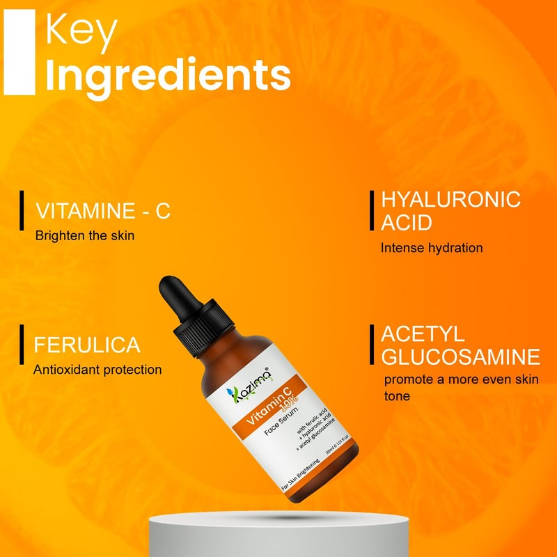 KAZIMA 10 Vitamin C Face Serum for Glowing Skin with 05 Ferulic Acid Targets Dark Spot Hyperpigmentation For Dull Skin Vitamin C Serum for Oily Skin Suitable for Men Women 30 ml - Image 2
