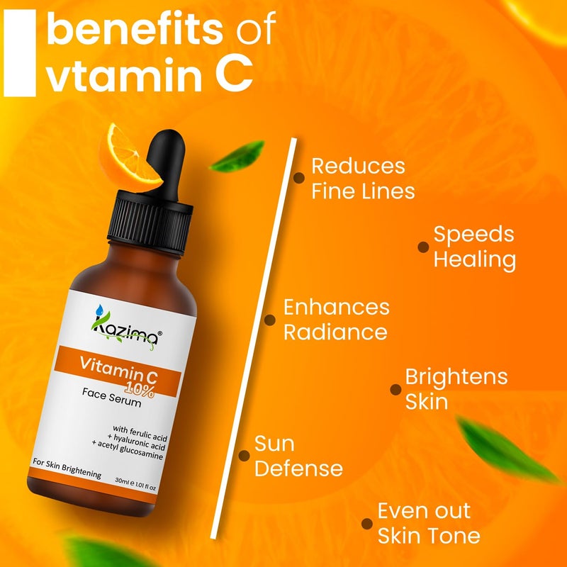 KAZIMA 10 Vitamin C Face Serum for Glowing Skin with 05 Ferulic Acid Targets Dark Spot Hyperpigmentation For Dull Skin Vitamin C Serum for Oily Skin Suitable for Men Women 30 ml - Image 3