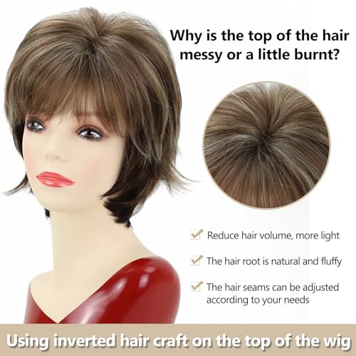 TISHINING Brown Short Hair Wigs for White Women Brown Mix Blonde Pixie Cut Wig with Bangs Brown with Blonde Highlights Straight Synthetic Natural Looking Daily Party Wig - Image 5