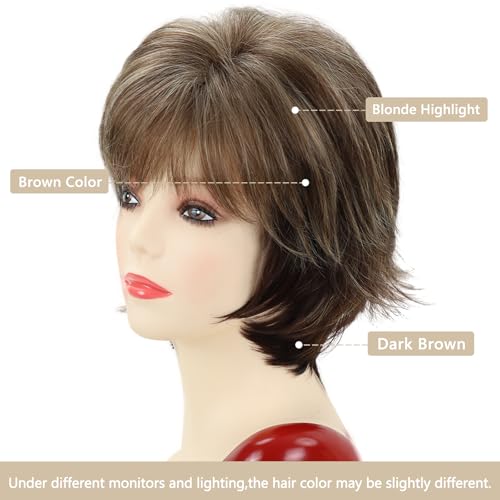TISHINING Brown Short Hair Wigs for White Women Brown Mix Blonde Pixie Cut Wig with Bangs Brown with Blonde Highlights Straight Synthetic Natural Looking Daily Party Wig - Image 4