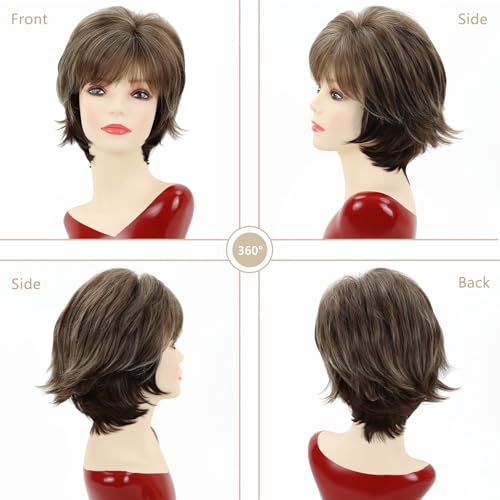 TISHINING Brown Short Hair Wigs for White Women Brown Mix Blonde Pixie Cut Wig with Bangs Brown with Blonde Highlights Straight Synthetic Natural Looking Daily Party Wig - Image 2
