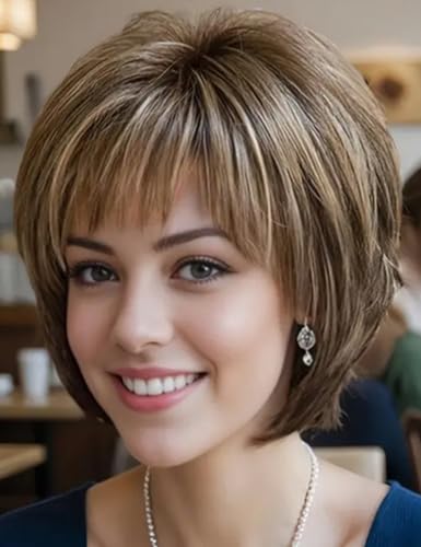 TISHINING Brown Short Hair Wigs for White Women Brown Mix Blonde Pixie Cut Wig with Bangs Brown with Blonde Highlights Straight Synthetic Natural Looking Daily Party Wig - Image 1