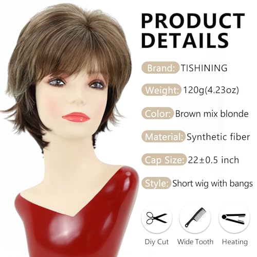 TISHINING Brown Short Hair Wigs for White Women Brown Mix Blonde Pixie Cut Wig with Bangs Brown with Blonde Highlights Straight Synthetic Natural Looking Daily Party Wig - Image 3