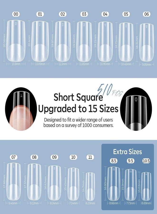modelones Gel Nail Kit, Upgrade 15Sizes Gel Nail Tips Short Square, 9-in-One Glue Prep Dehydrator & Portable Led Lamp, 510Pcs Pre-shaped Square Press On Extension Kit DIY Salon Home Gift for Women - Image 2