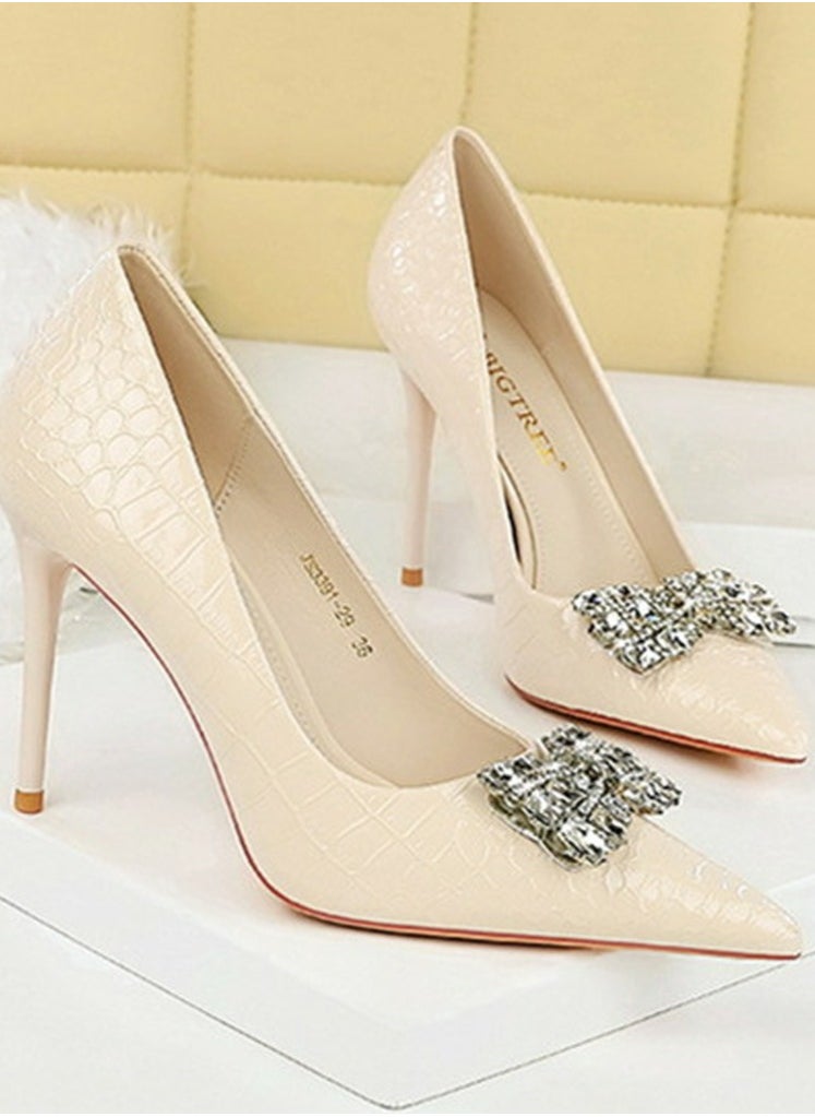 BIGTREE Women's Patent Leather Closed Pointed Toe Stiletto Pump Rhinestone Bowknot Decoration High Heels Cream White 10CM  - Image 2