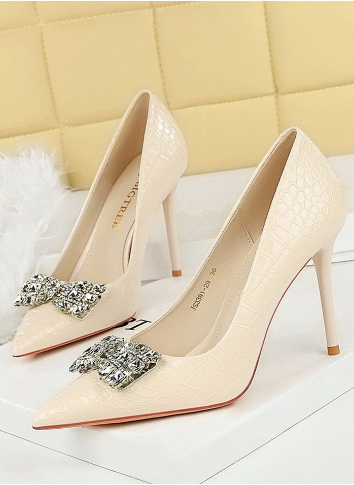 BIGTREE Women's Patent Leather Closed Pointed Toe Stiletto Pump Rhinestone Bowknot Decoration High Heels Cream White 10CM  - Image 1