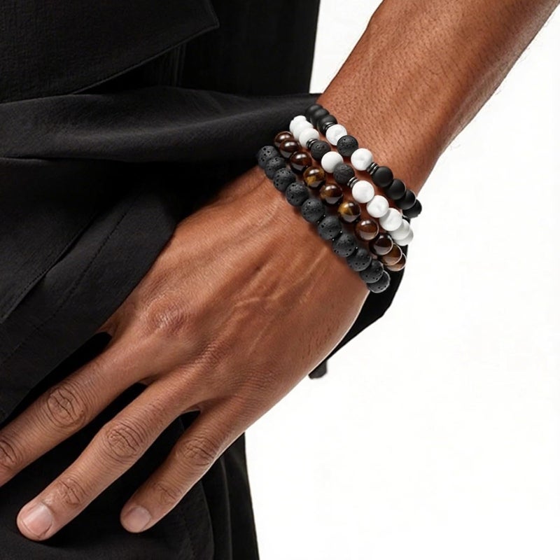 Tiger Eye Bracelet 8 Mm Natural Stone & Matte Black Agate Beads Lightweight Elastic Adjustable 7.3''-10.4'' - Mix & Match Styles Natural Stone Bracelet for Men Women Gift Giving Daily Wear - Image 4