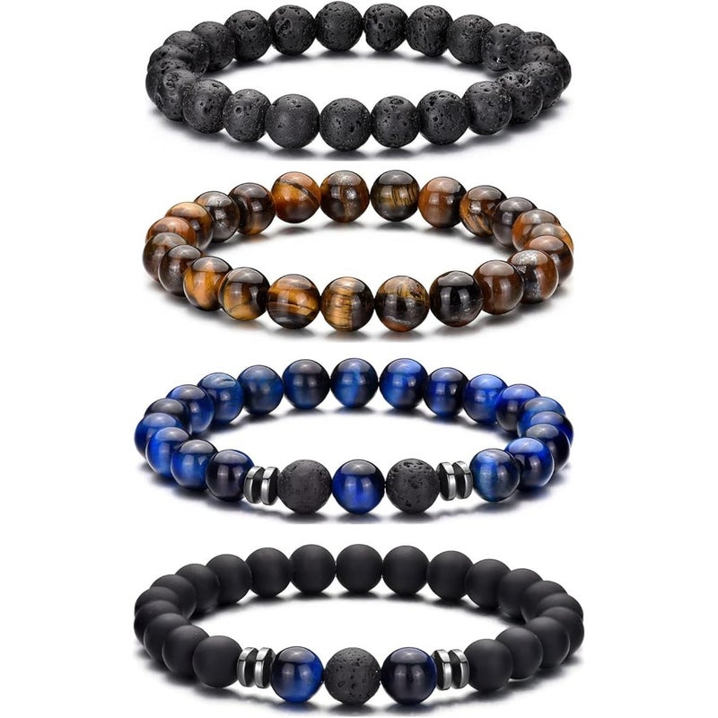 Tiger Eye Bracelet 8 Mm Natural Stone & Matte Black Agate Beads Lightweight Elastic Adjustable 7.3''-10.4'' - Mix & Match Styles Natural Stone Bracelet for Men Women Gift Giving Daily Wear - Image 1