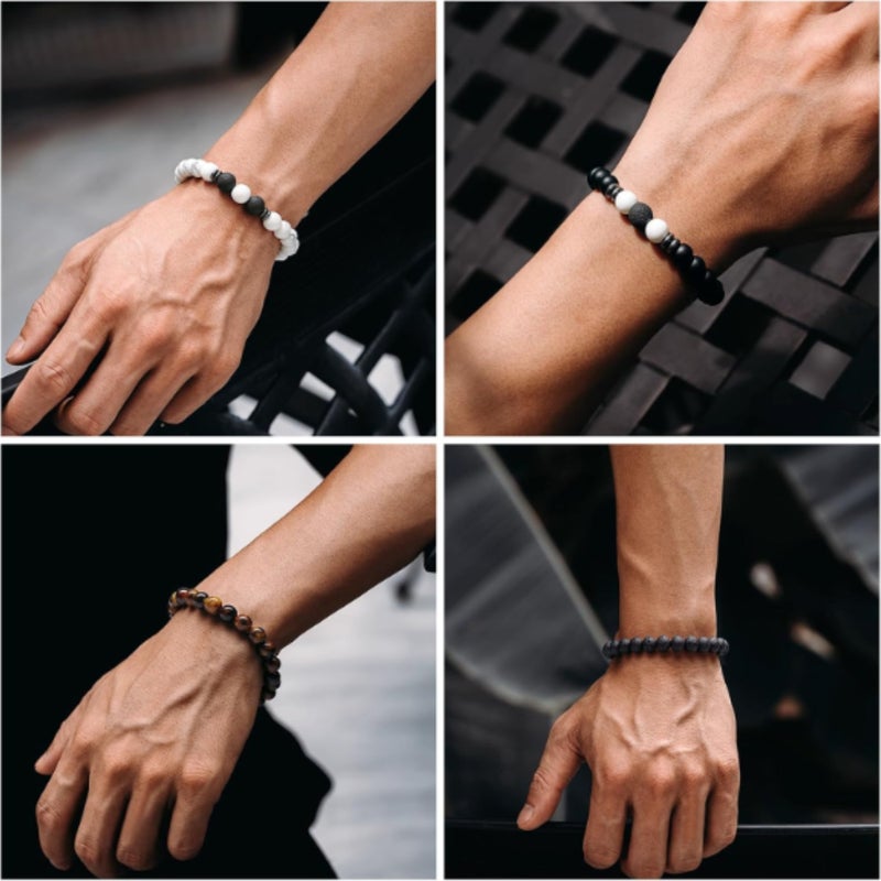 Tiger Eye Bracelet 8 Mm Natural Stone & Matte Black Agate Beads Lightweight Elastic Adjustable 7.3''-10.4'' - Mix & Match Styles Natural Stone Bracelet for Men Women Gift Giving Daily Wear - Image 3