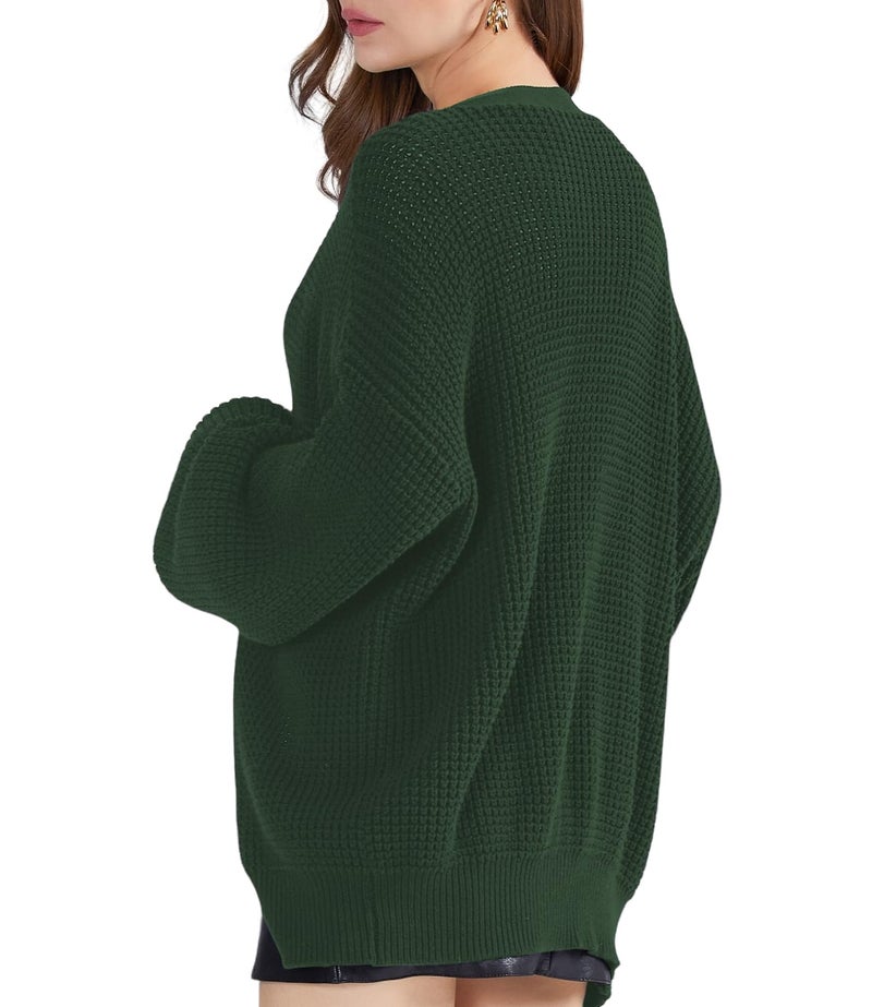 QUALFORT Women's Cardigan Sweaters for Women 100% Cotton Button-Down Long Sleeve Oversized Knit Outerwear Fall Cardigans 2026 Emerald Green X-Large - Image 5