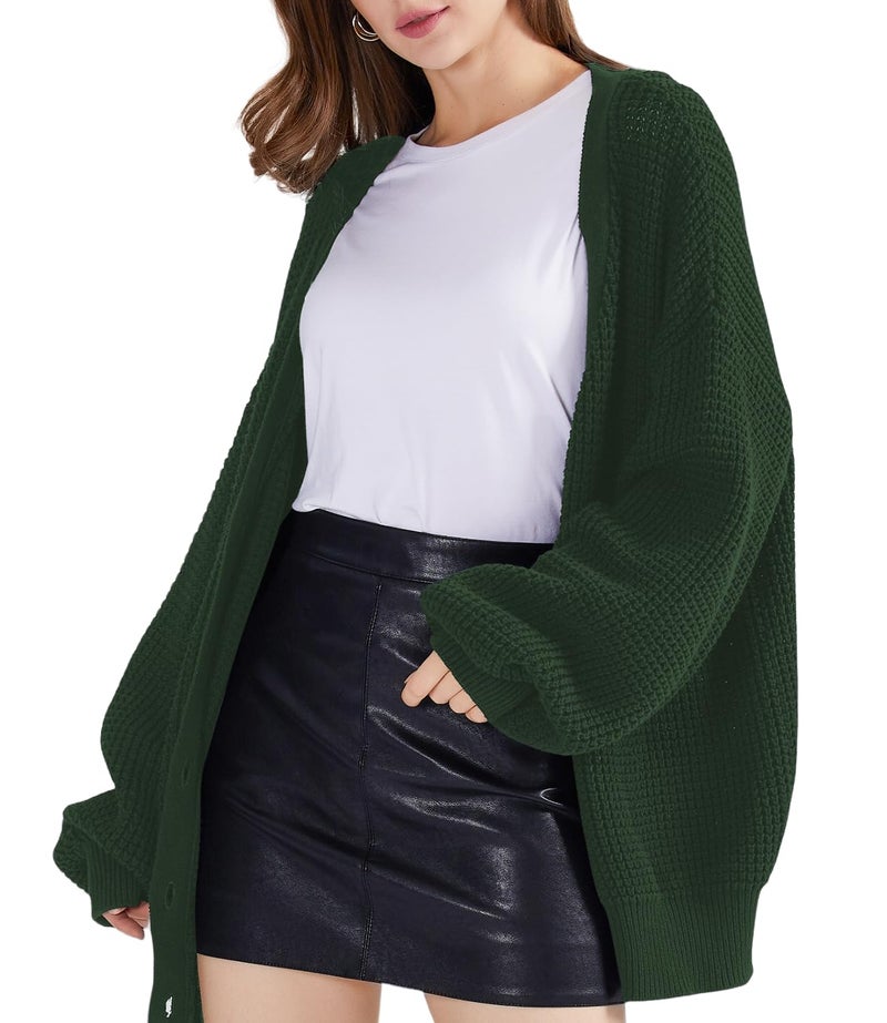 QUALFORT Women's Cardigan Sweaters for Women 100% Cotton Button-Down Long Sleeve Oversized Knit Outerwear Fall Cardigans 2026 Emerald Green X-Large - Image 2