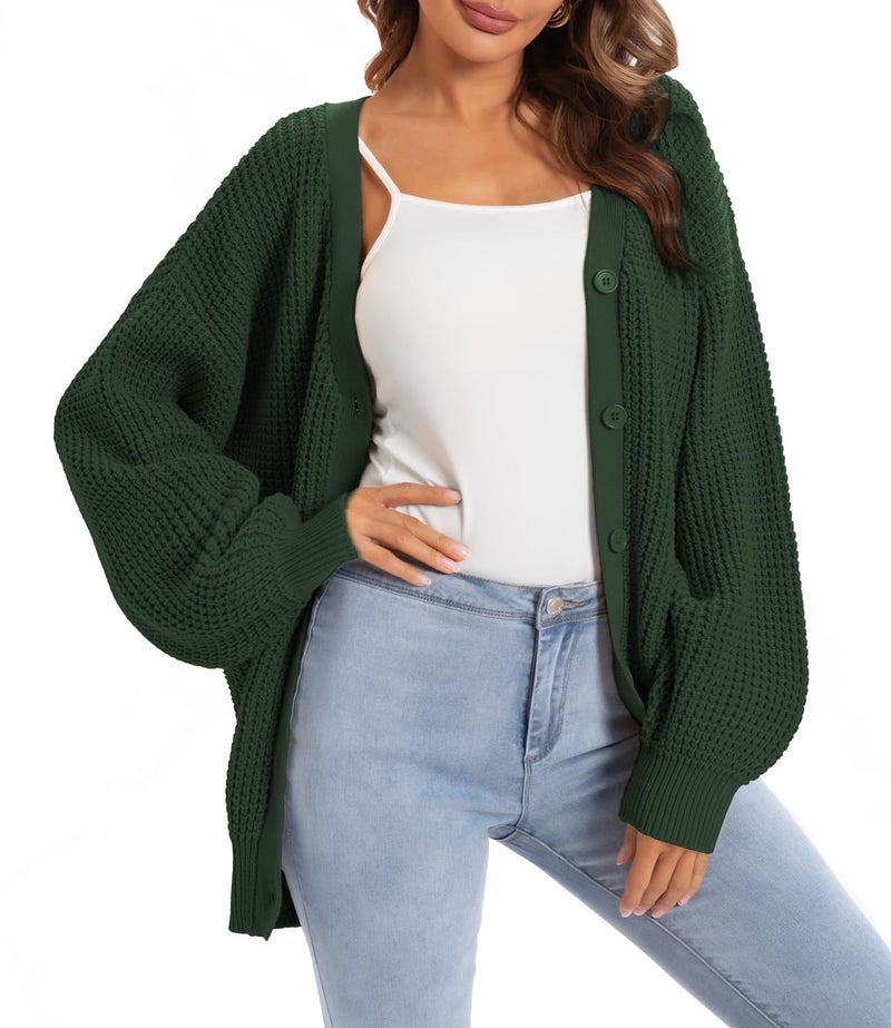 QUALFORT Women's Cardigan Sweaters for Women 100% Cotton Button-Down Long Sleeve Oversized Knit Outerwear Fall Cardigans 2026 Emerald Green X-Large - Image 1