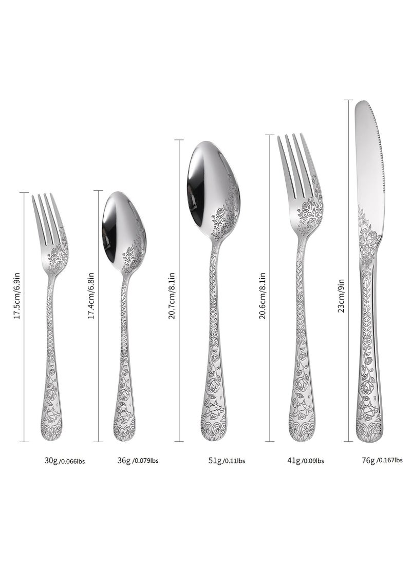 Excefore مجموعة أدوات المائدة الفضية المزخرفة، 5 أدوات مائدة فضية من الفولاذ المقاوم للصدأ مع تصميم مزخرف دقيق لزهور الورد، أدوات طعام كاملة للاستخدام اليومي في المنزل والمناسبات الاحتفالية - Image 5