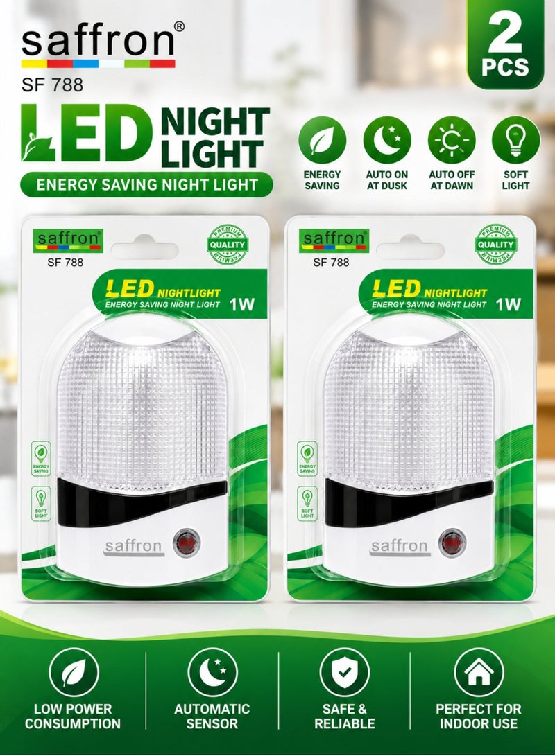 سافرون مصباح ليلي LED طراز SF 788 (قطعتان)، مصباح موفر للطاقة بقدرة 1 واط مزود بمستشعر تلقائي للعمل من الغسق حتى الفجر، إضاءة ناعمة، يوصل مباشرة بالمقبس، مناسب لغرف النوم والممرات والحمامات والاستخدام الداخلي. - Image 1