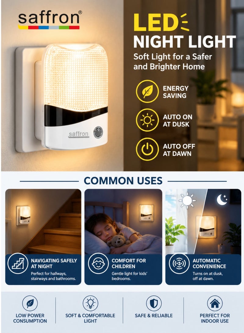سافرون مصباح ليلي LED طراز SF 788 (قطعتان)، مصباح موفر للطاقة بقدرة 1 واط مزود بمستشعر تلقائي للعمل من الغسق حتى الفجر، إضاءة ناعمة، يوصل مباشرة بالمقبس، مناسب لغرف النوم والممرات والحمامات والاستخدام الداخلي. - Image 5