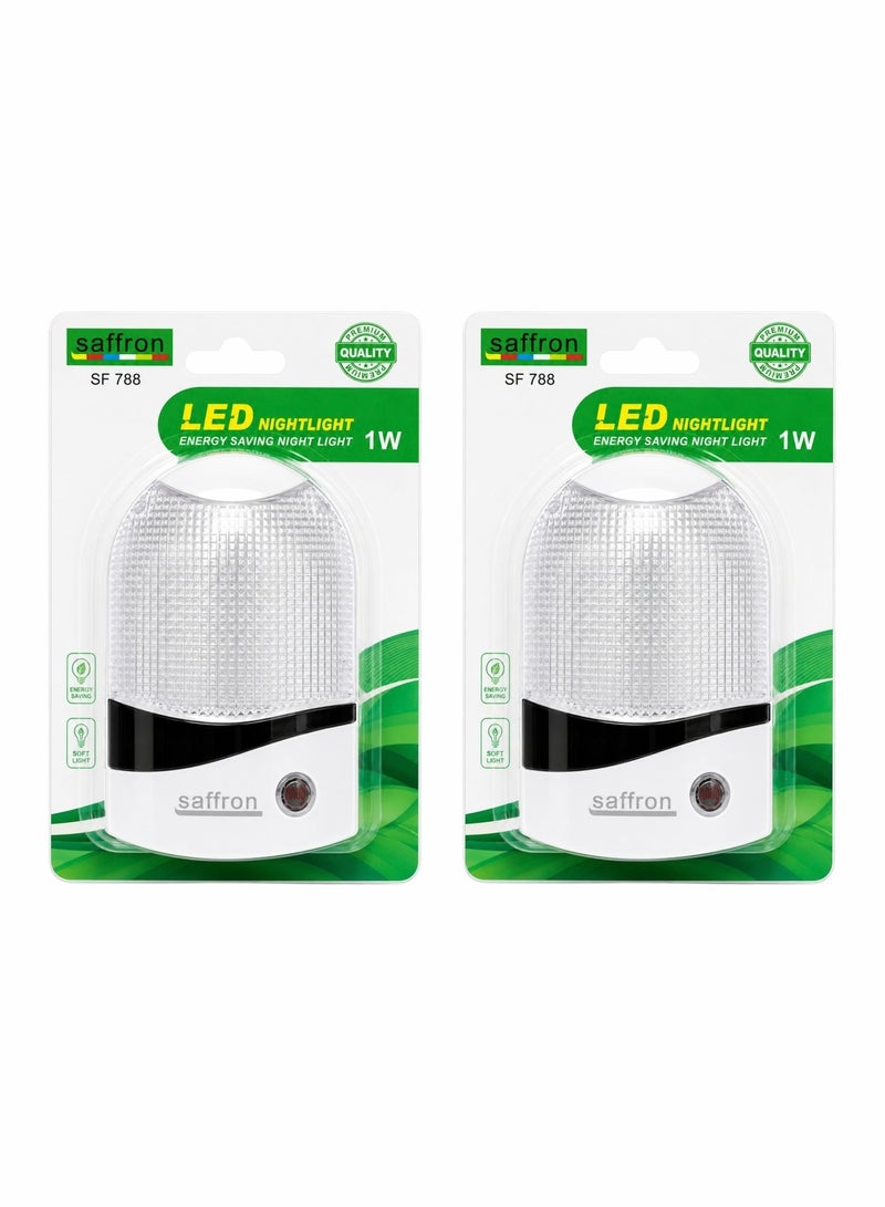 سافرون مصباح ليلي LED طراز SF 788 (قطعتان)، مصباح موفر للطاقة بقدرة 1 واط مزود بمستشعر تلقائي للعمل من الغسق حتى الفجر، إضاءة ناعمة، يوصل مباشرة بالمقبس، مناسب لغرف النوم والممرات والحمامات والاستخدام الداخلي. - Image 2