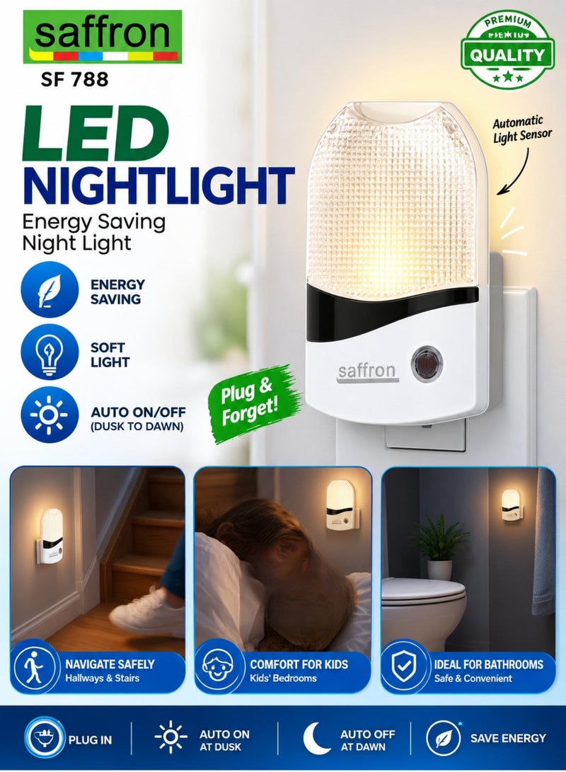 سافرون مصباح ليلي LED طراز SF 788 (قطعتان)، مصباح موفر للطاقة بقدرة 1 واط مزود بمستشعر تلقائي للعمل من الغسق حتى الفجر، إضاءة ناعمة، يوصل مباشرة بالمقبس، مناسب لغرف النوم والممرات والحمامات والاستخدام الداخلي. - Image 4