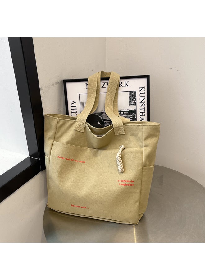 2024 Commuter Large Capacity Canvas Shoulder Bag Women's Korean-style All-match Portable Tote Bag Foreign Trade-Color:Brown - Image 2