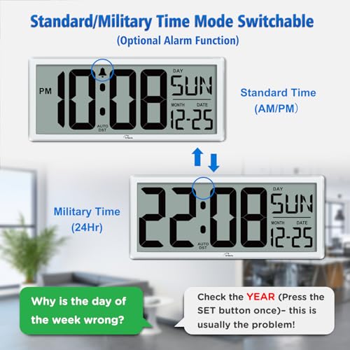 WallarGe 14.5'' Large Digital Wall Clock Battery Operated with Jumbo Numbers, Temperature and Date - Easy to Read and Set, Auto DST - Image 4