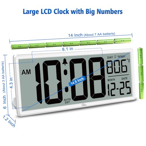 WallarGe 14.5'' Large Digital Wall Clock Battery Operated with Jumbo Numbers, Temperature and Date - Easy to Read and Set, Auto DST - Image 5