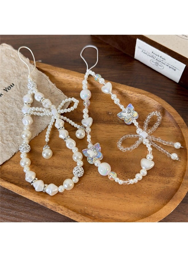 yongsheng 2pcs Creative Heart Pearl Butterfly Phone Chain Charm bow mobile phone chain, Phone Charms Lanyard Strap,Butterfly Bow Knot Heart Star Beaded Phone Charm Strap,Cute Phone Charms Pearl Beaded Strap, Stationery Decoration Phone Lanyard Wrist Phone Chain for Women  - Image 4