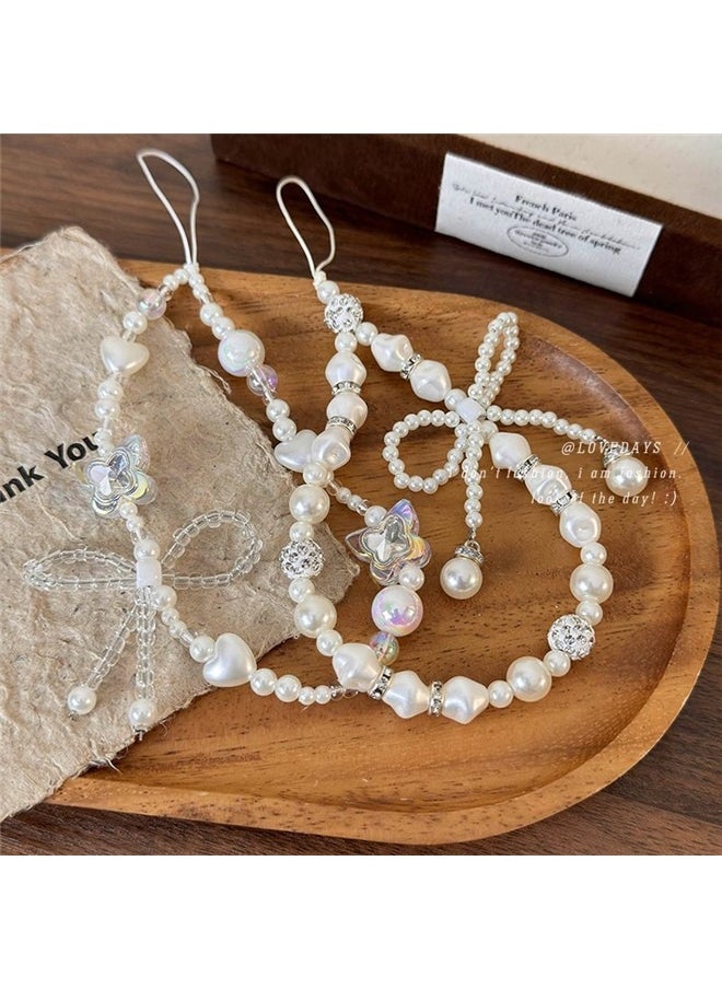 yongsheng 2pcs Creative Heart Pearl Butterfly Phone Chain Charm bow mobile phone chain, Phone Charms Lanyard Strap,Butterfly Bow Knot Heart Star Beaded Phone Charm Strap,Cute Phone Charms Pearl Beaded Strap, Stationery Decoration Phone Lanyard Wrist Phone Chain for Women  - Image 3
