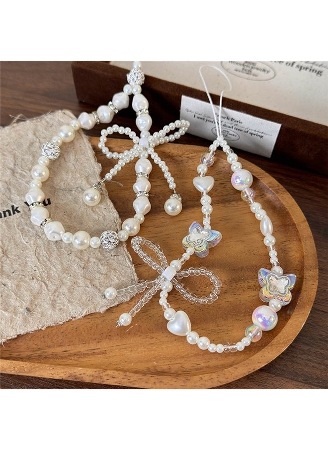 yongsheng 2pcs Creative Heart Pearl Butterfly Phone Chain Charm bow mobile phone chain, Phone Charms Lanyard Strap,Butterfly Bow Knot Heart Star Beaded Phone Charm Strap,Cute Phone Charms Pearl Beaded Strap, Stationery Decoration Phone Lanyard Wrist Phone Chain for Women  - Image 2