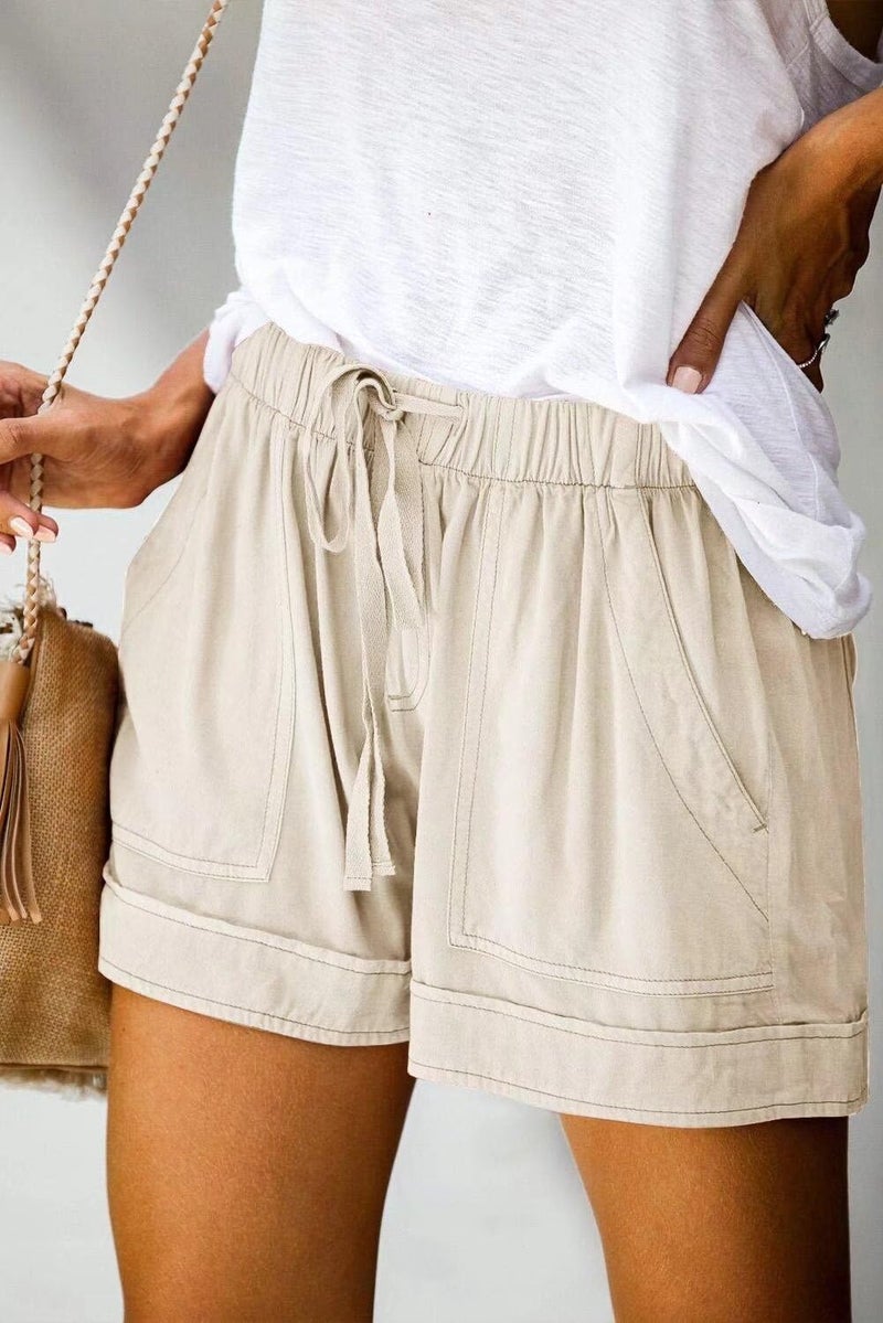 FEKOAFE Casual Drawstring Elastic Waist Summer Beach Shorts for Women Plus Size with Pockets Beige L - Image 3