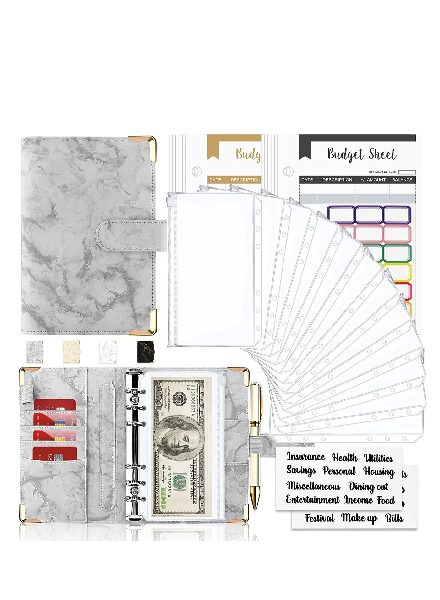 Budget Binder Cash Envelopes for Budgeting Money Organizer for Cash 12Pcs Budget Binder with Cash Envelopes Marble 6-Ring Money Saving Binder(Marble-Grey)