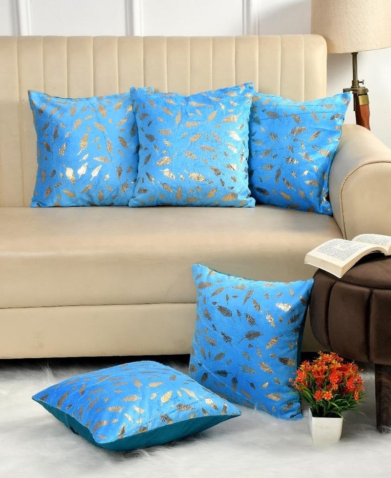 HOMECROWN 16x16 Inch Velvet Cushion Covers Set of 5 Pcs, Soft Decorative Faux Fur Throw Pillow Covers with Golden Feather Print for Sofa, Couch, Bed, Living Room - Aqua Blue-250 TC - Image 1