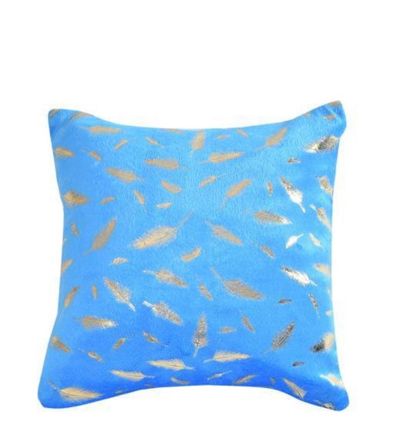 HOMECROWN 16x16 Inch Velvet Cushion Covers Set of 5 Pcs, Soft Decorative Faux Fur Throw Pillow Covers with Golden Feather Print for Sofa, Couch, Bed, Living Room - Aqua Blue-250 TC - Image 2