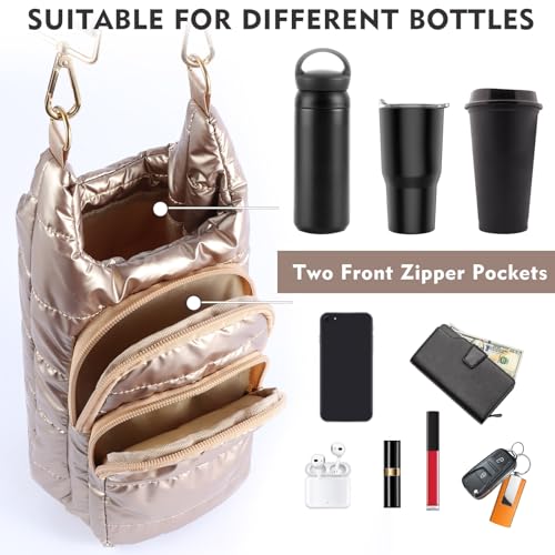 Dealkion Water Bottle Holder with Strap Water Bottle Carrier Bag with Strap Quilted Puffer Hydrobag Sling Purse Crossbody Bags for Women Walking Hiking Cycling - Image 4