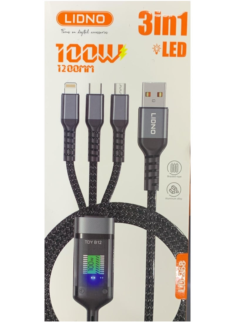3 in 1 Fast Charging 100W Cable For Micro + Lightning + Type-C