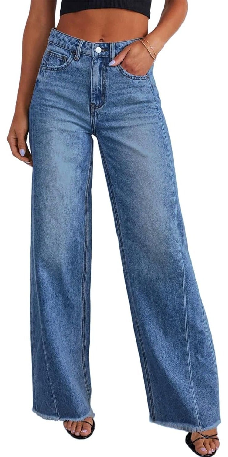 Middle Eastern Top Women's Wide Leg Jeans, High Waist Stretch Hemp Denim Pants - Image 1