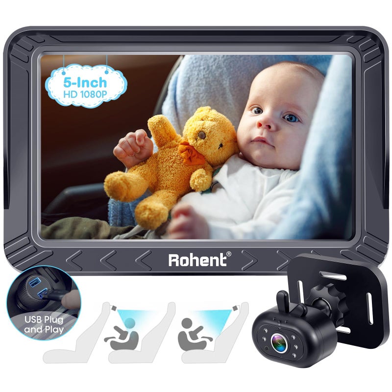 Rohent كاميرا سيارة للأطفال روهنت - 5 إنش HD 1080P، رؤية ليلية، تركيب سهل، كاميرا مقعد خلفي وأمامي، كاميرا أطفال تعمل بالطاقة USB للسيارة، أمان للأطفال والرضع، لا حاجة لأدوات - Image 1