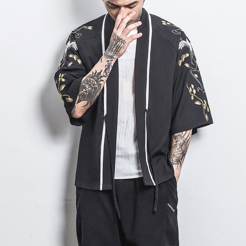 Chinese Style Shirt Mens Loose Cardigan Robe Japanese Style Dragon and Phoenix Crane Embroidery Seven-point Sleeve Hanfu Thin Coat 208 Black 
