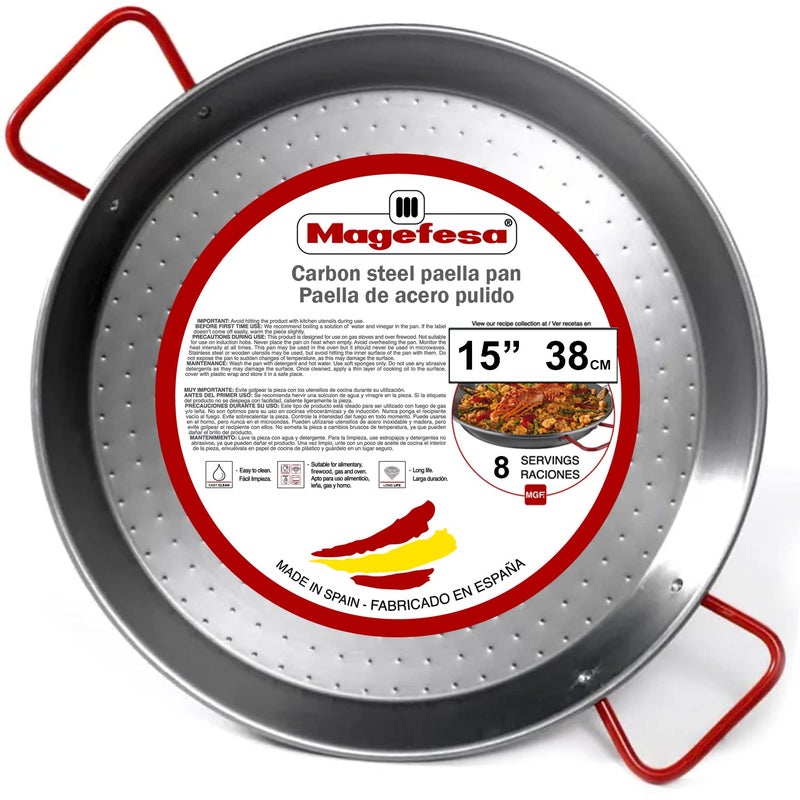 MAGEFESA 15 Carbon Steel Paella Pan  38 cm  8 Servings Durable  Lightweight with Dimpled Surface Ideal for Outdoor Cooking  Traditional Valencian Paella